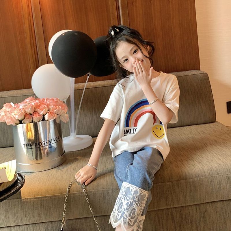 Áo Thun Cotton Ngắn Tay Dáng Rộng In Chữ Màu Cầu Vồng Dễ Thương Cho Bé Gái