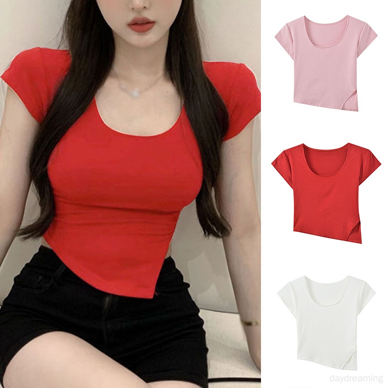 Áo Croptop Tay Ngắn Màu Sắc Thanh Lịch Cho Nữ
