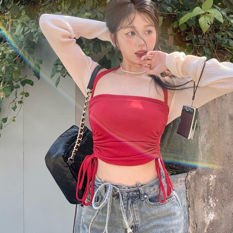 IELGY Áo Hai Dây Cổ Yếm Rút Dây Màu Đỏ Quyến Rũ Thời Trang Cho Nữ