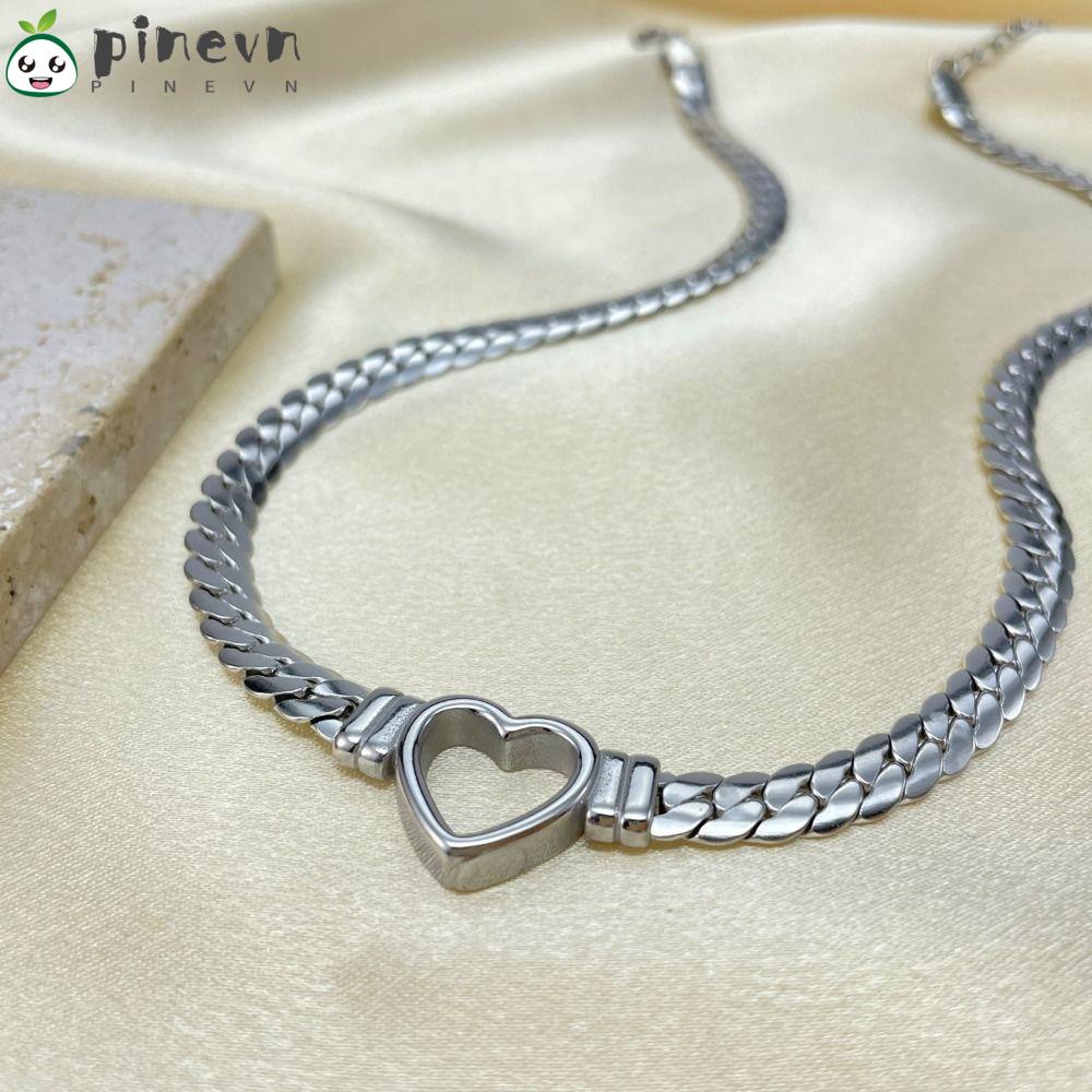 PINEVN Vòng cổ Inox Mạ Vàng Phối Mặt Trái Tim