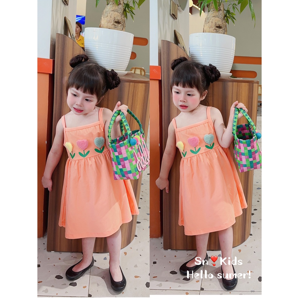 Váy cotton 2 dây đính tim nổi cực xinh cho bé gái - VCSN