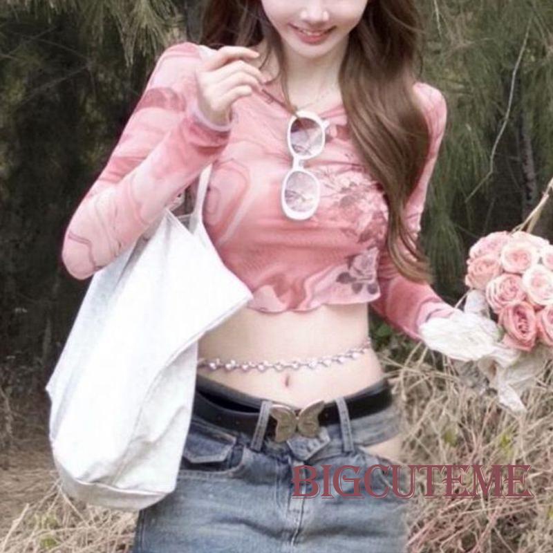 Áo Thun Crop Top Tay Dài Cổ Tròn In Màu Loang Thời Trang Cho Nữ