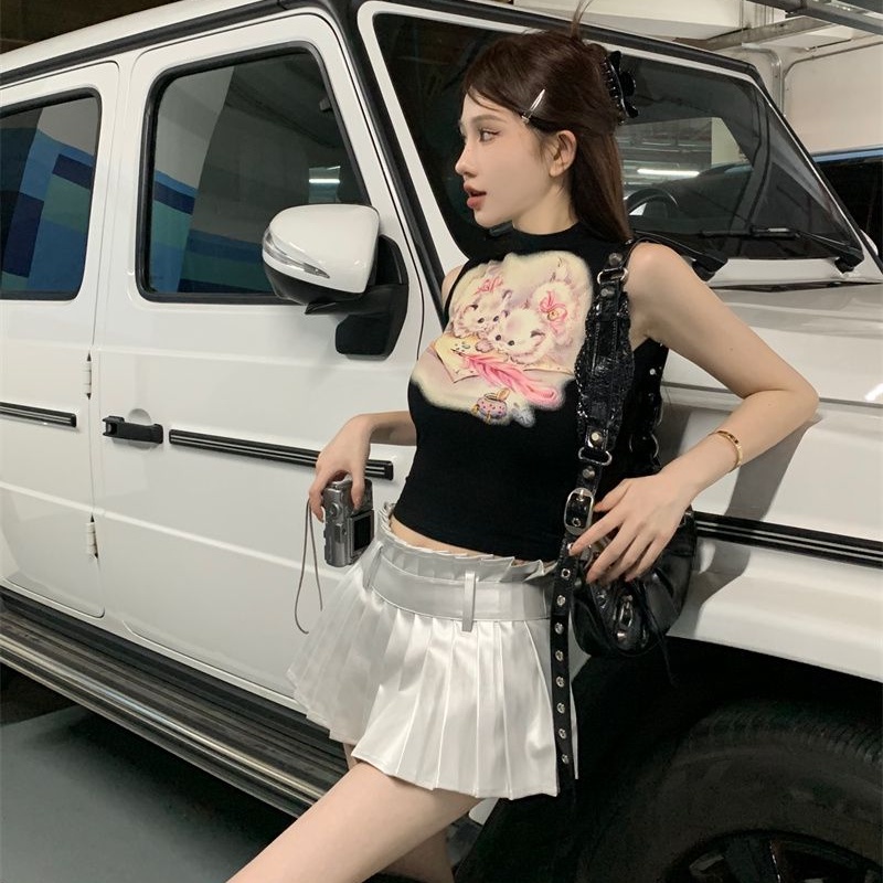 Cozok Áo Sát Nách Dáng Ôm Cổ Bán Nguyệt in Họa Tiết Chú Mèo Thời Trang Quyến Rũ Cho Nữ