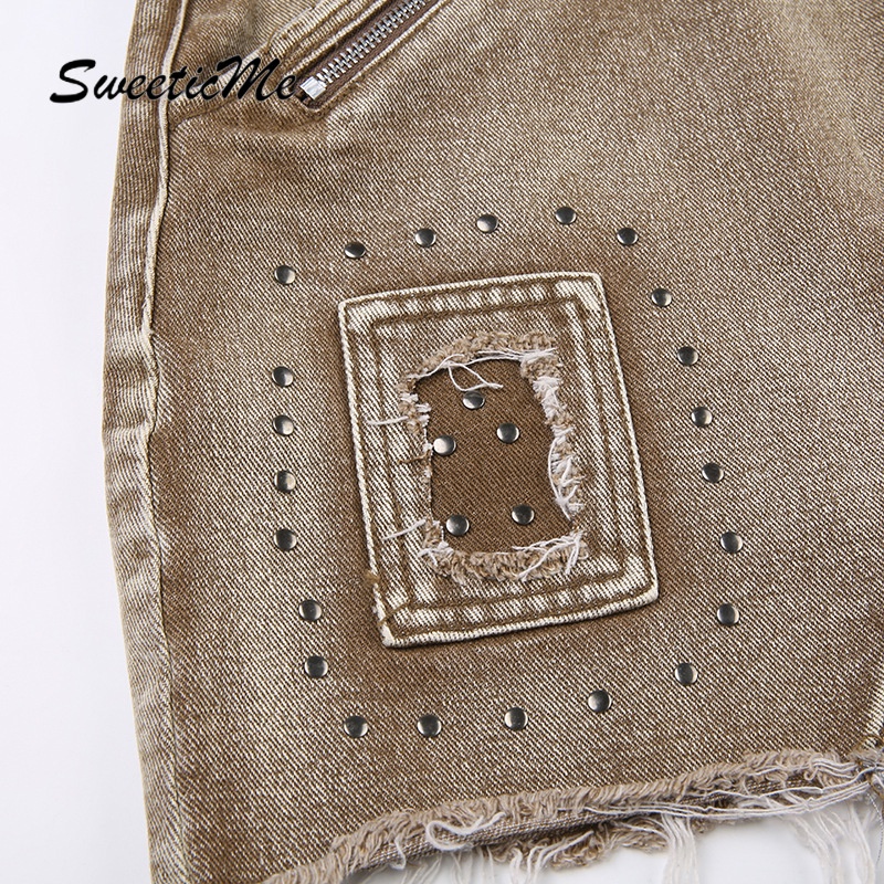 Chân váy jean Ngắn Lưng Cao Phối Khóa Kéo Đính Đinh Tán Thời Trang Đường Phố 2023 Cho Nữ