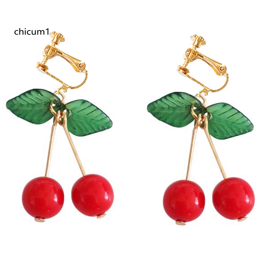 Bông Tai Dạng Móc Hình Trái Cherry Đỏ / Lá Xanh Ngọt Ngào Cho Nữ