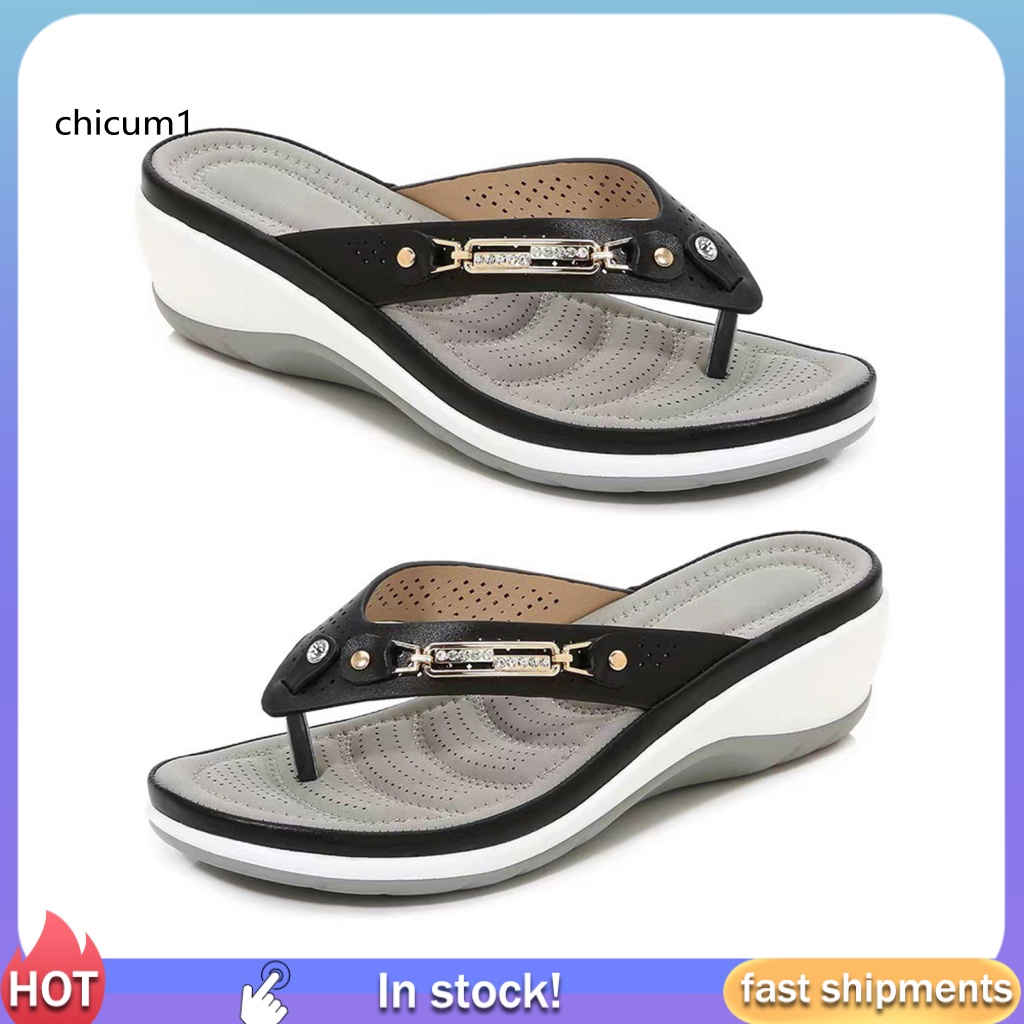 1 Đôi Dép Xỏ Ngón Đế Xuồng Giả Da Đính Đá Thoáng Khí Chống Trượt Thời Trang Đi Biển Mùa Hè Cho Nữ