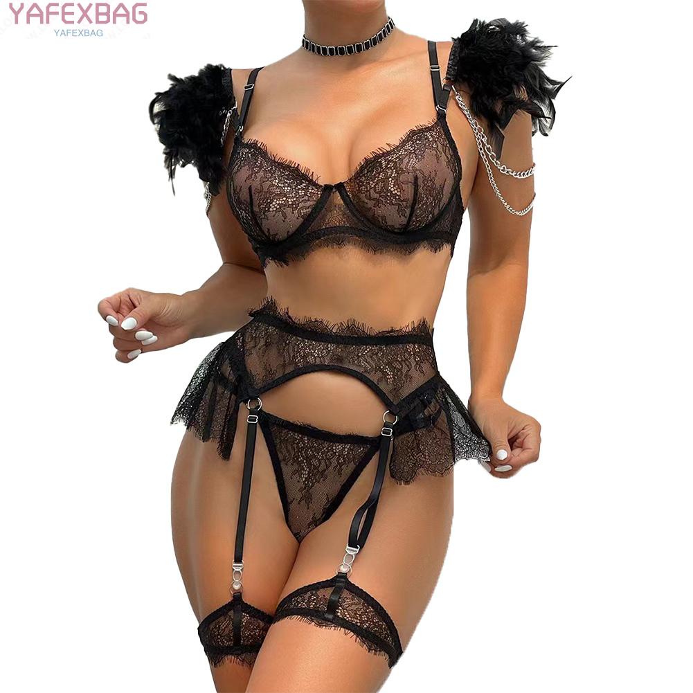 Sensational Lace Feather Lingerie 3 Piece Bra Set Chain Panties Garters Included