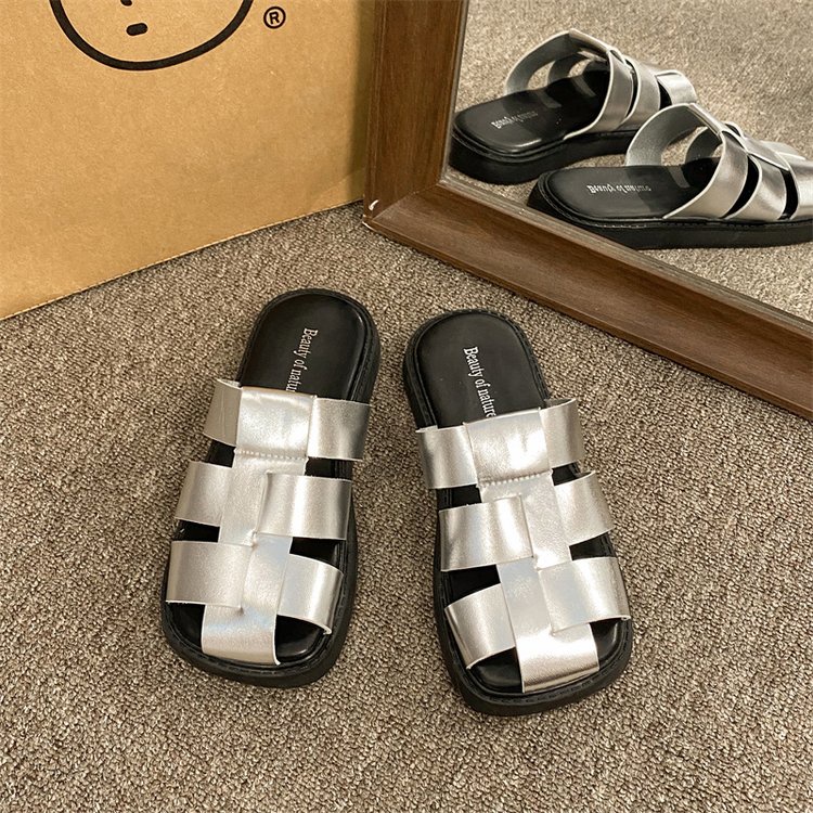 Dép Da PU Đế Bằng Thiết Kế Đục Lỗ Thời Trang Đi Biển Mùa Hè Xinh Xắn