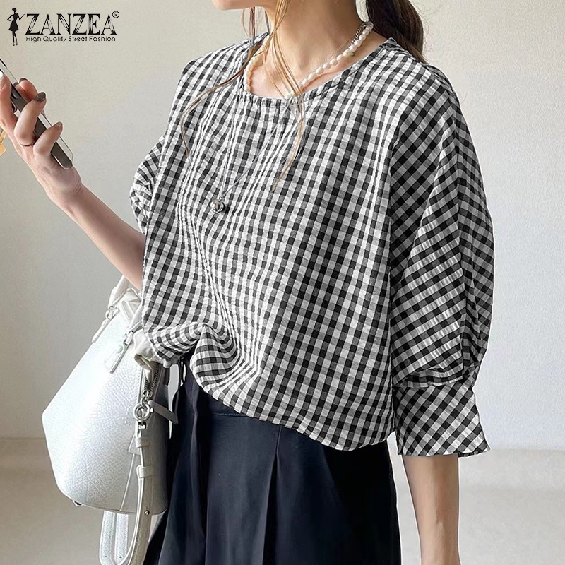 ZANZEA Áo Cánh Dơi 3 / 4 Hở Lưng Họa Tiết Sọc Caro Thời Trang Cho Nữ