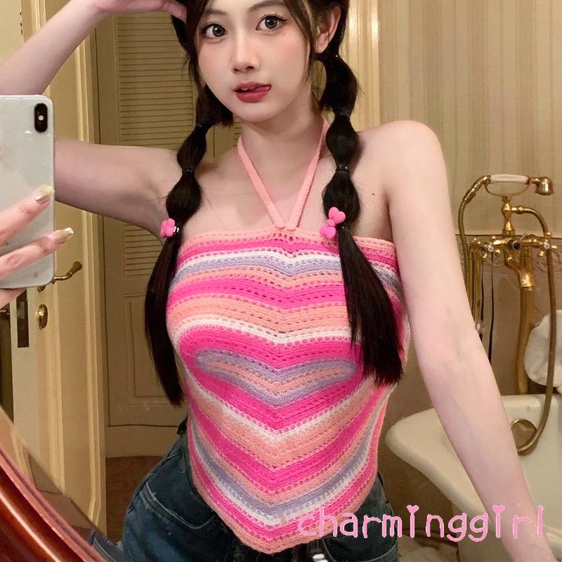 Áo Hai Dây Mùa Hè Ôm Dáng Họa Tiết Sọc Cổ Trái Tim Cho Nữ