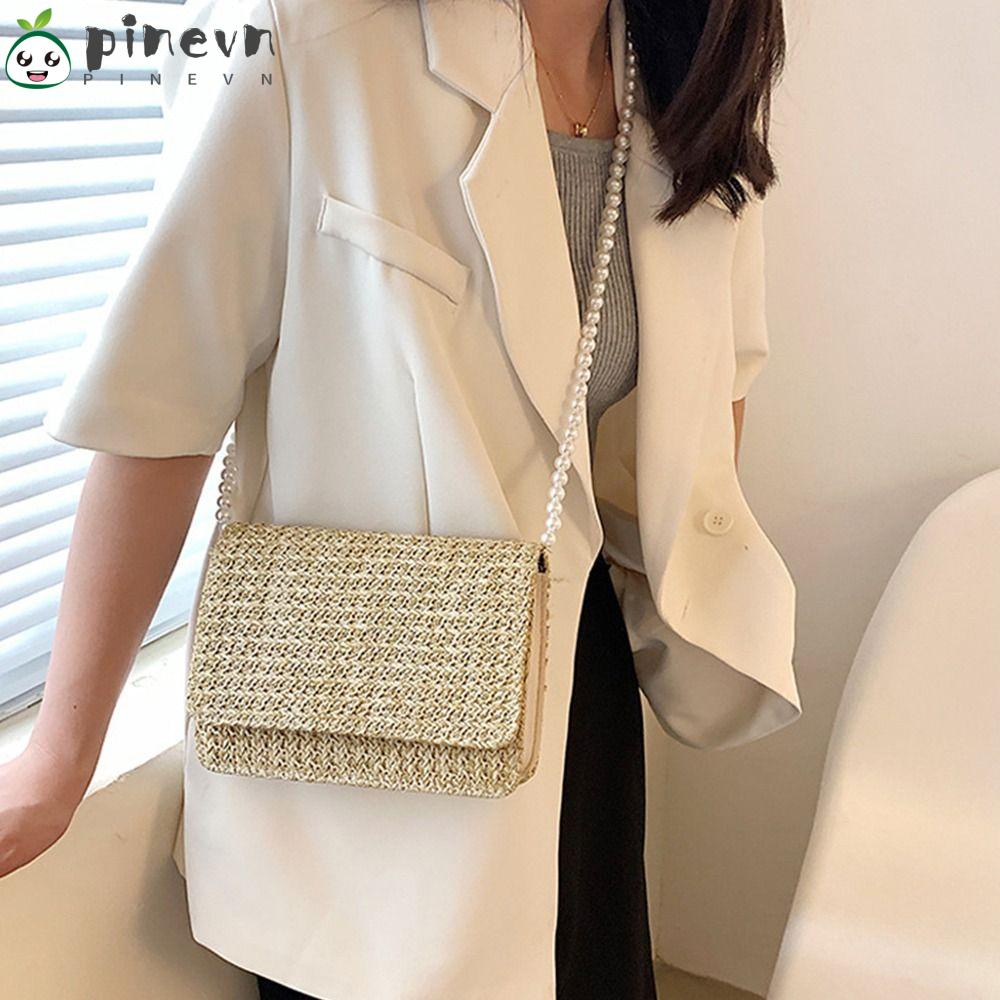 PINEVN Túi Cói Đeo Vai Phối Dây Xích Thiết Kế Nhỏ Gọn Thời Trang Mù