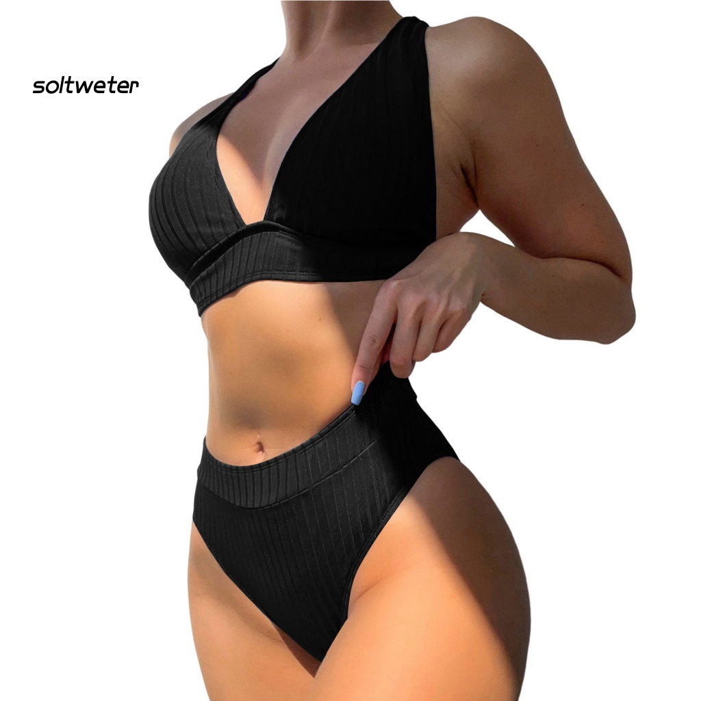 Bộ Bikini 2 Mảnh Màu Trơn Cổ V Sâu Lưng Cao Có Gân Và Quần Lót Gợi Cảm Cho Nữ