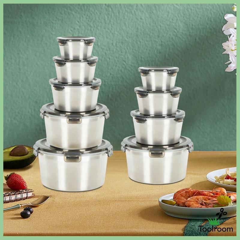 Hộp Đựng Thức Ăn Bằng Thép Không Gỉ Gọn Nhẹ Có Nắp Đậy Có Thể Xếp Chồng Lên Nhau Dùng Cho Tủ Lạnh / Lò Vi