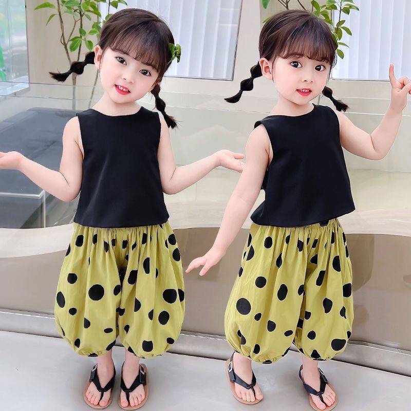 Hàng Mới Về Mới Set Áo Dây Chấm Bi + Áo Khoác Không Tay + Quần Short Thời Trang Mùa Hè Cho Bé Gái