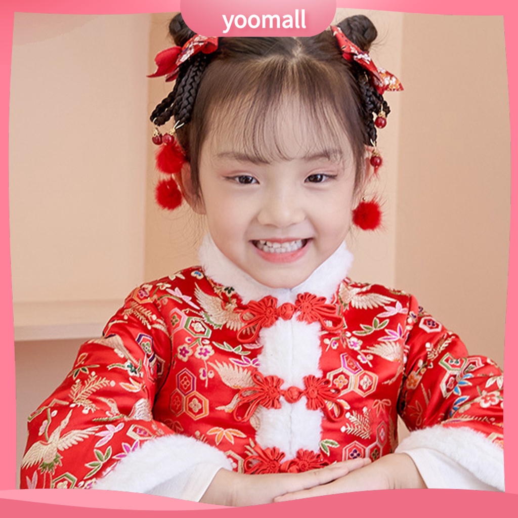 1 Cặp Kẹp Tóc Giả Đính Nơ Tua Rua Phong Cách Trung Hoa Ngọt Ngào Cho Bé Gái