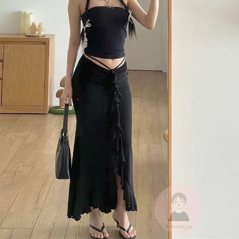 Chân Váy Dài Lưng Thấp Màu Trơn Phối Bèo Thời Trang Mùa Hè Xinh Xắn Cho Nữ