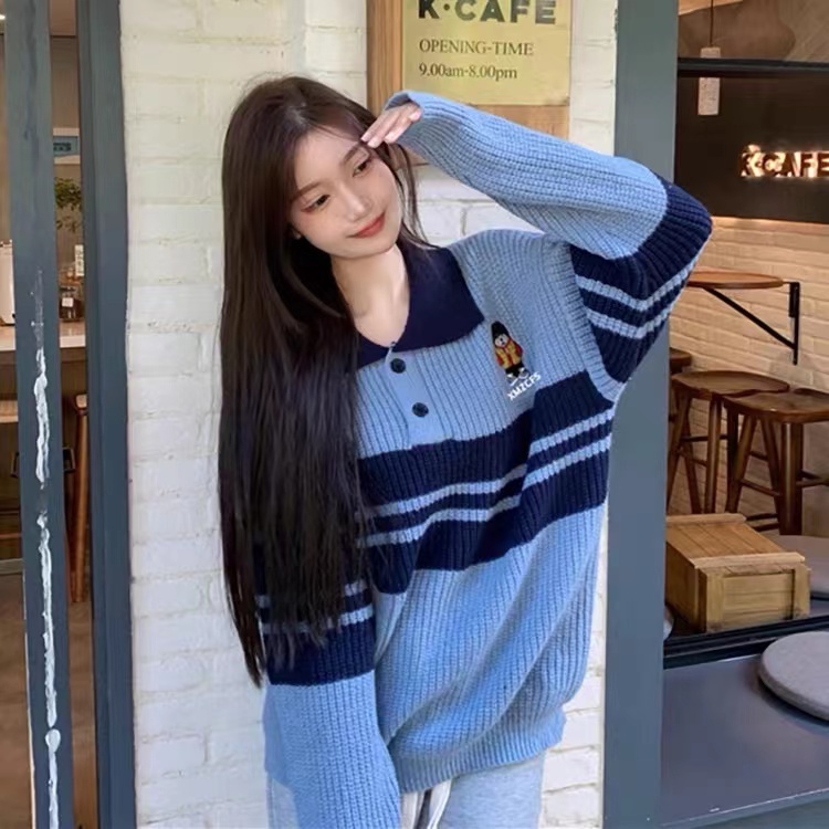 Áo Sweater Cổ Polo Thêu Họa Tiết Phong Cách Retro Mỹ Cho Nữ