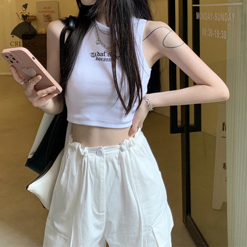 Áo croptop CRLNHC không tay cổ tròn thêu chữ thời trang mùa hè cho nữ