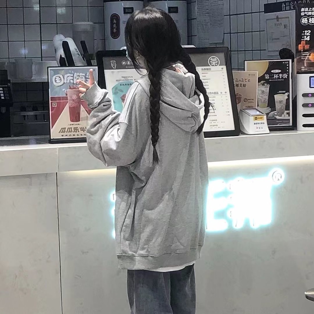 Áo Khoác Hoodie Mỏng Dáng Rộng Màu Xám Có Khóa Kéo Thời Trang Hàn Quốc Mới Cho Nữ