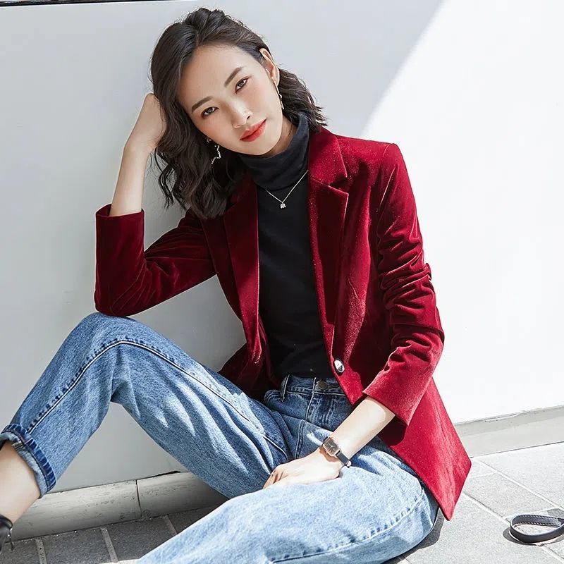 Áo Khoác Blazer Nhung Tay Dài Dáng Ôm Thời Trang Xuân Thu Dành Cho Nữ