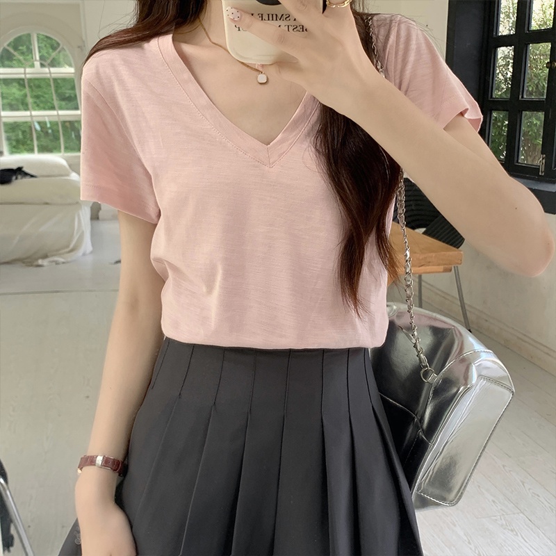 Áo Thun cotton Mỏng Mùa Hè Tay Cộc Cổ Chữ V Màu Trơn Cho Nữ