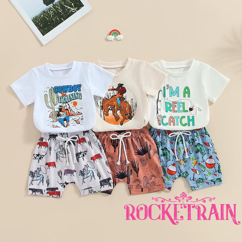 Set Đồ Mùa Hè 2 Món Gồm Áo Thun Tay Cộc In Họa Tiết + Quần Ngắn Co Giãn Cho Bé Trai