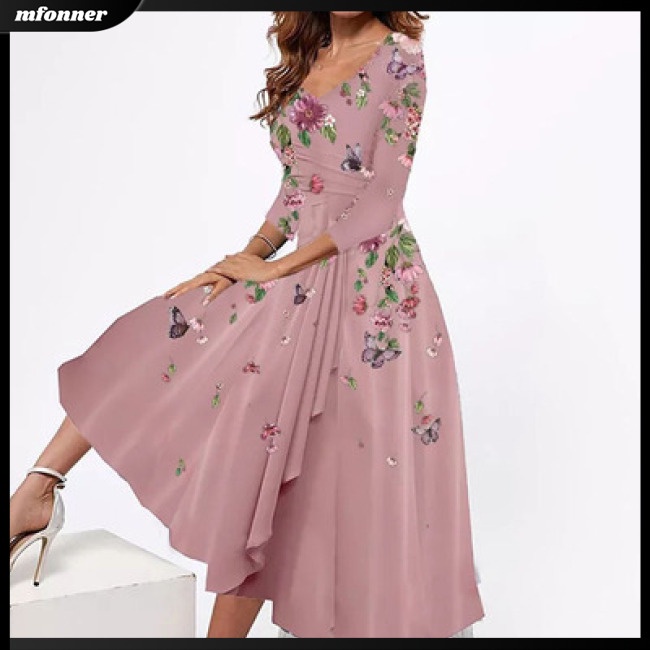 Đầm Midi Tay Lỡ 3 / 4 Dáng Rộng Cổ Chữ V In Hoa Thời Trang Mùa Hè Cho Nữ