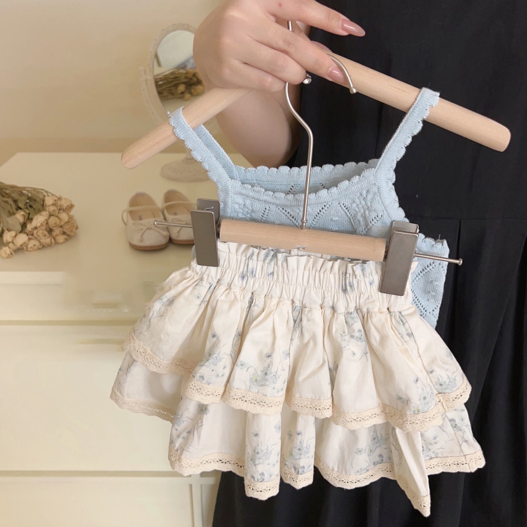 Bộ Áo Hai Dây Dệt Kim Phối Chân Váy Ren Kiểu Pháp Dễ Thương Thời Trang Mùa Hè Cho Bé Gái
