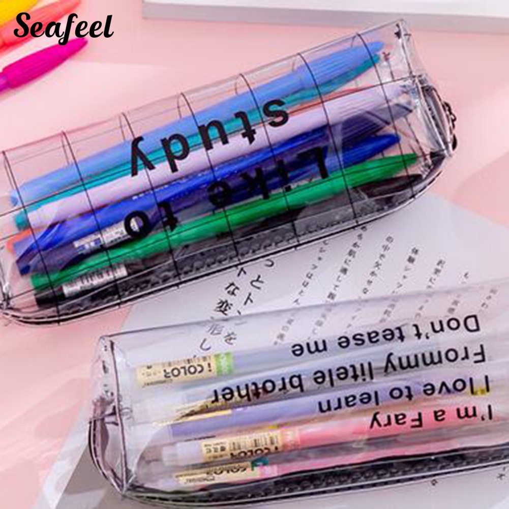 Túi Đựng Bút Trong Suốt In Chữ / Biển Dễ Thương Có Khóa Kéo Tiện Dụng