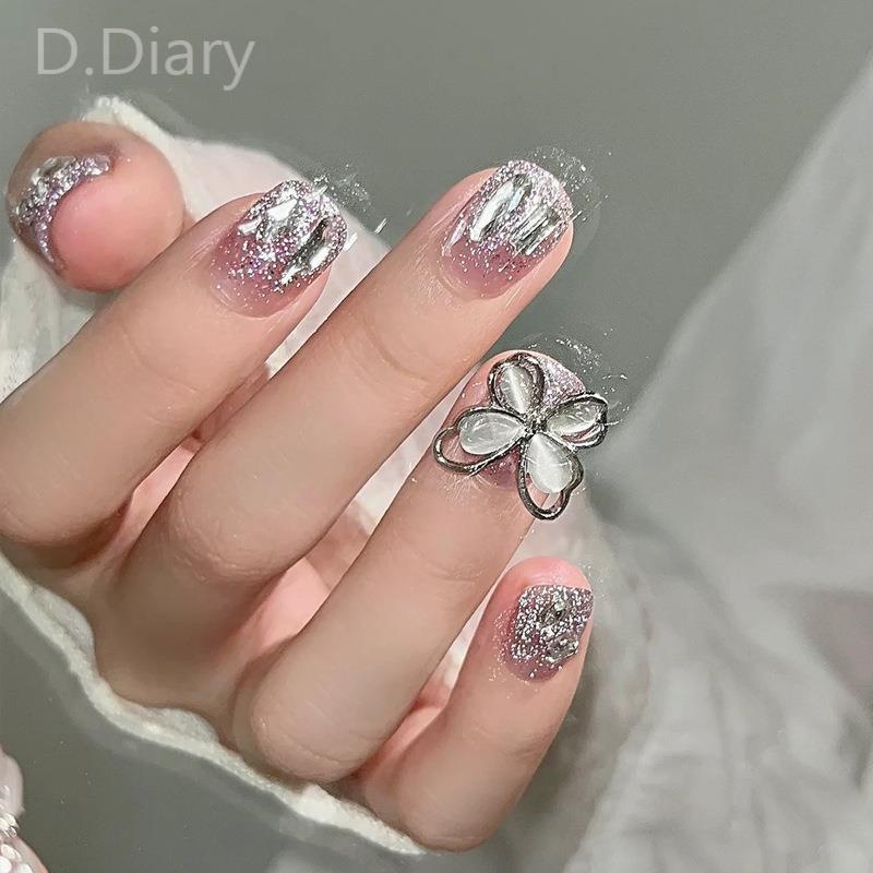 Set 24 Móng Tay Giả Hình Bướm Màu Bạc Kim Tuyến Lấp Lánh Có Thể Tháo Rời Và Tái Sử Dụng