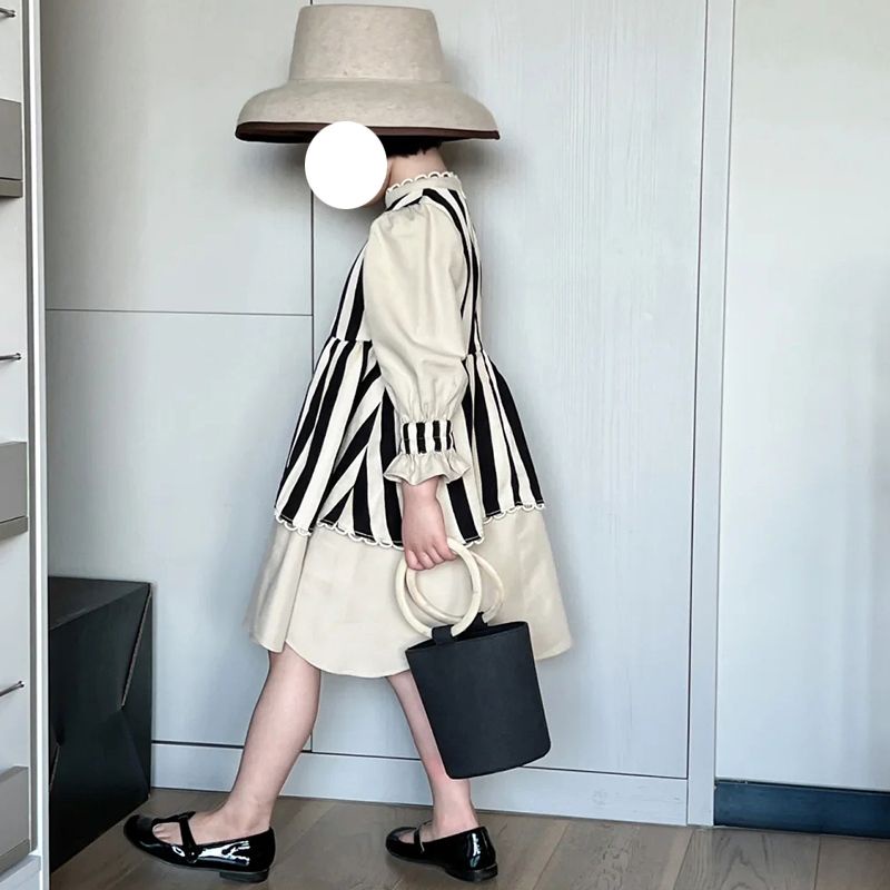 Đầm Công Chúa Tay Dài Phối Ren Họa Tiết Kẻ Sọc Thời Trang Xuân Thu 2023 Cho Bé Gái