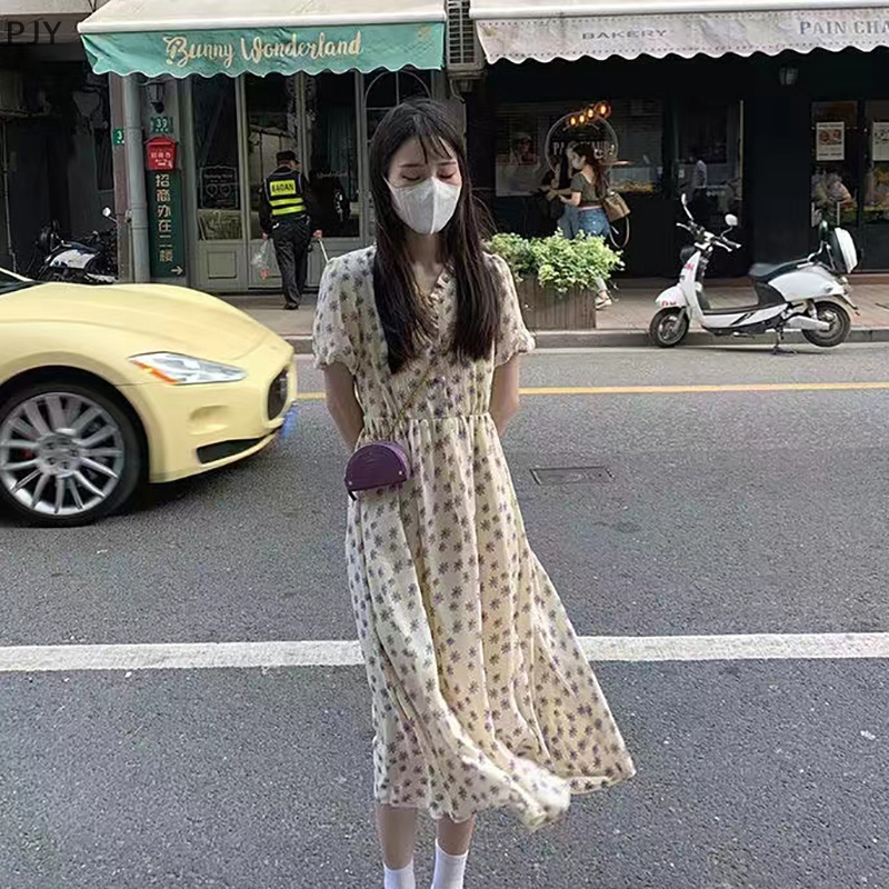 Đầm Midi Cổ Tròn Tay Phồng In Hoa Kiểu Vintage Thời Trang Mùa Hè Cho Bạn Gái PJ