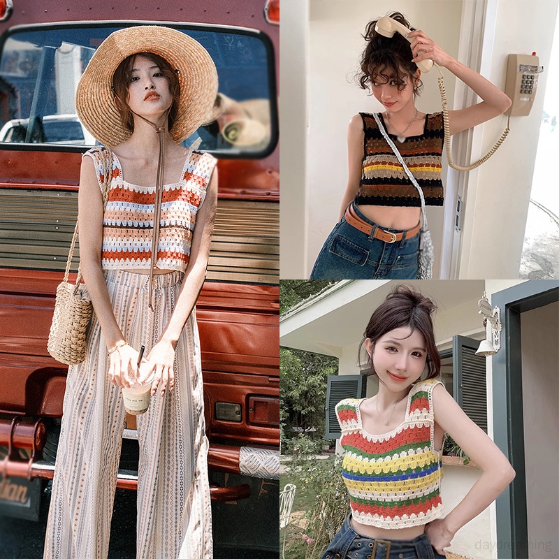 Áo Croptop Dệt Kim Hai Dây Cổ Vuông Họa Tiết Kẻ Sọc Cầu Vồng Phong Cách Cổ Điển Thời Trang Mùa Hè Cho Nữ