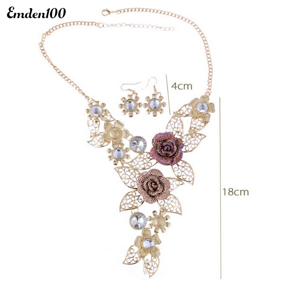 Bộ Vòng cổ + Bông Tai Đính Đá Hình Hoa Lá Duyên Dáng Cho Nữ
