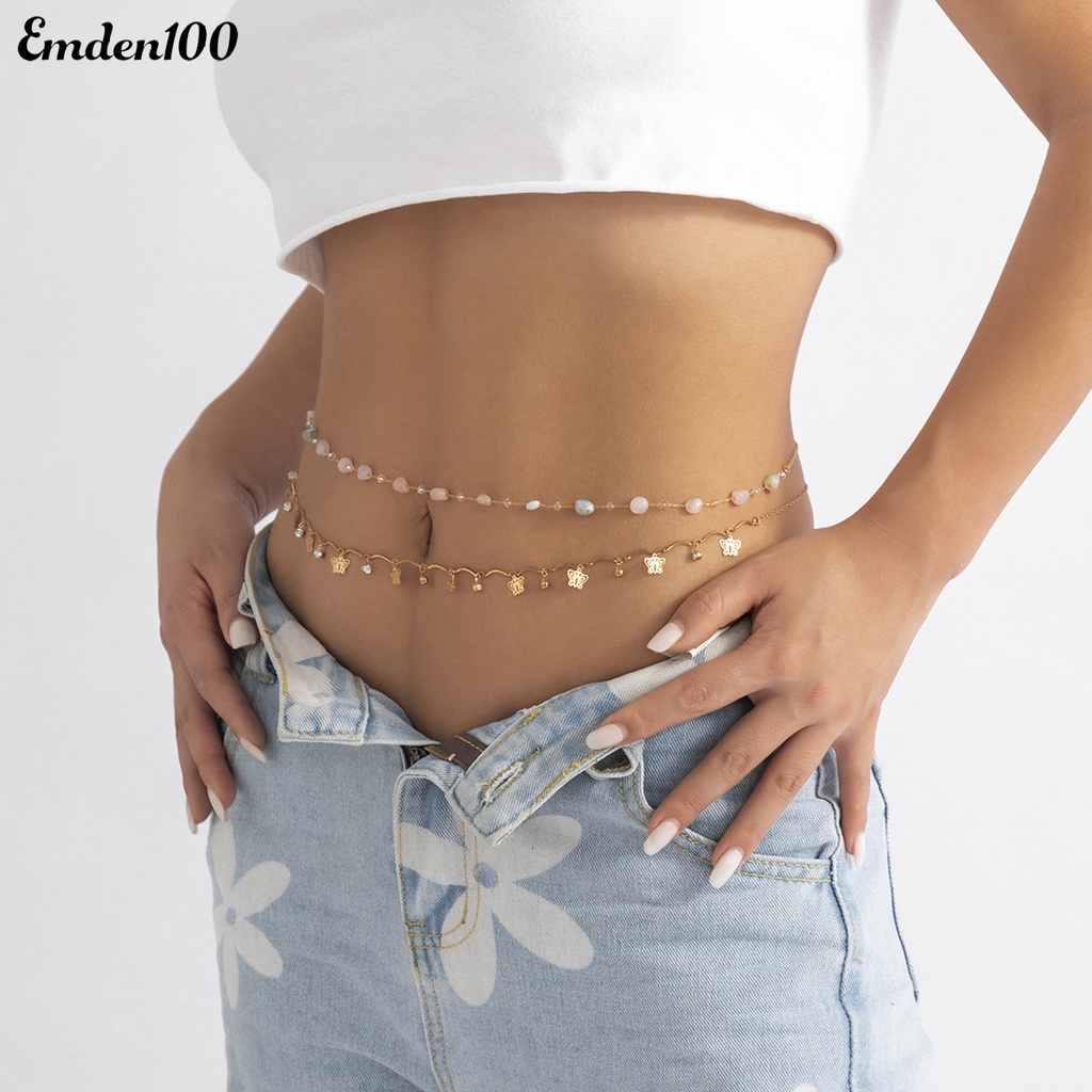 Set 2 Dây Xích Thắt Lưng Hai Lớp Đính Hạt Hình Bướm Phong Cách Retro Cho Nữ