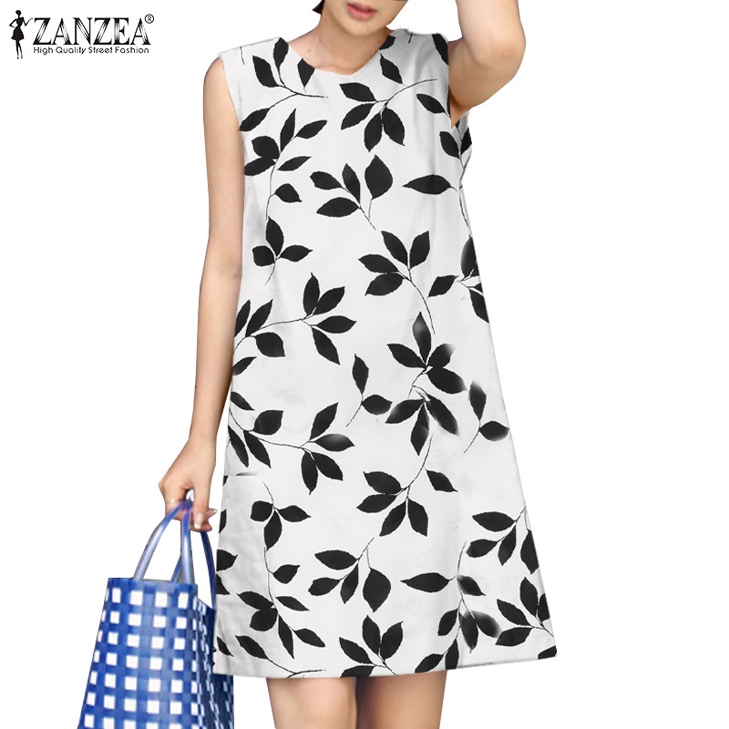 ZANZEA Đầm Nữ Cộc Tay Cổ Tròn Xẻ Tà In Hoa Thời Trang