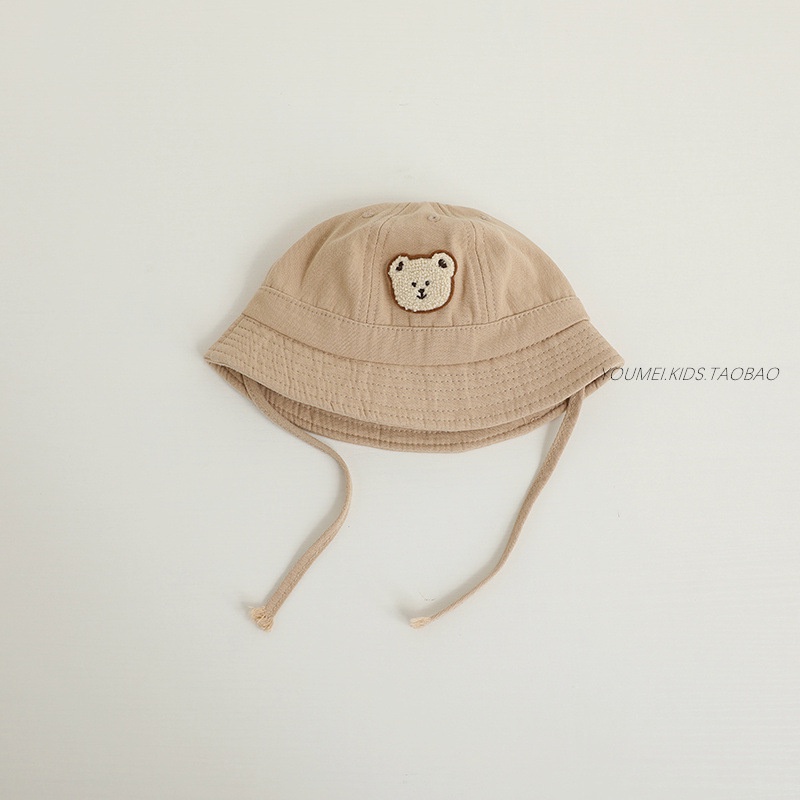 Mũ Tai Bèo Vải Lanh Chống Nắng Màu Trơn Thêu Họa Tiết Gấu Hoạt Hình Phong Cách Cổ Điển Thời Trang Mùa Hè Cho Bé