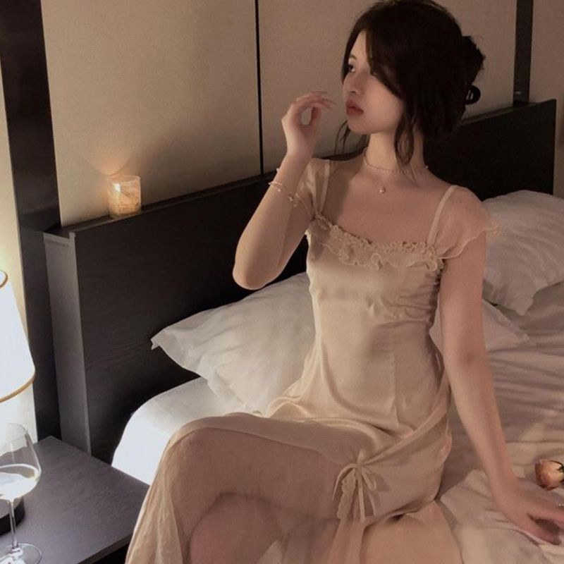 Đầm Ngủ Dáng Dài Tay Ngắn Có Đệm Ngực Phối Ren Và Nơ Phong Cách Mùa Hè Dành Cho Nữ