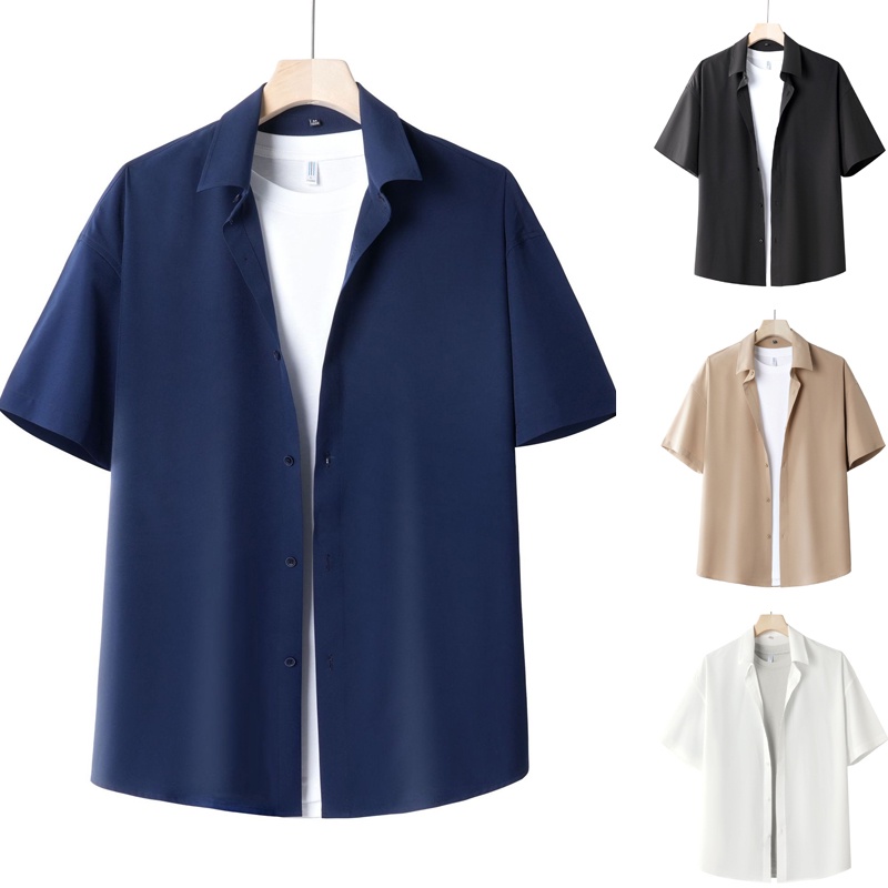 BEFOYI Men's Shirt Short Sleeve Korean Loose Relaxed Summer Ins Polo Coat in Black Plus Size M-3XL SLC76