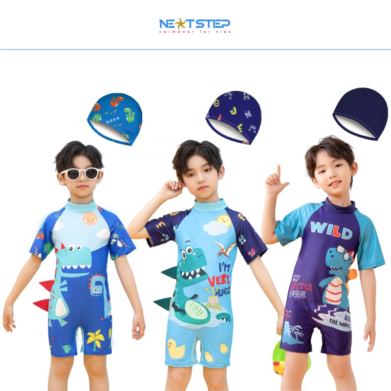 Đồ bơi bé trai, liền thân tay ngắn chất vải co giãn họa tiết khủng long phù hơp cho bé từ 14kg đến 30kg