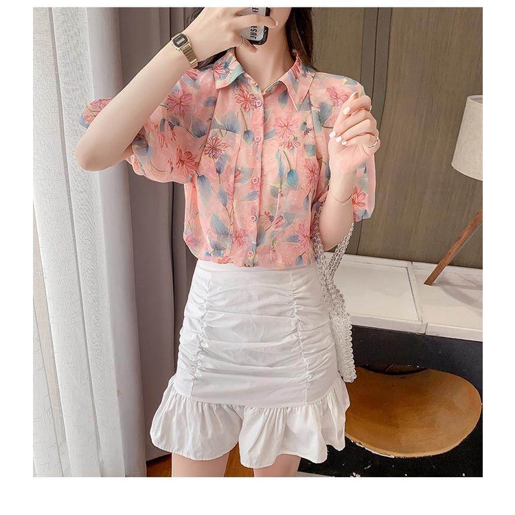 Áo Sơ Mi Chiffon Ngắn Tay Họa Tiết Hoa Phong Cách Hàn Quốc Thời Trang Mùa Hè Cho Nữ