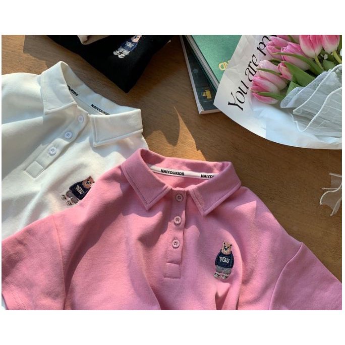Áo Thun polo Tay Ngắn In Hình Gấu Nhỏ Thời Trang Mùa Xuân 2023 Phong Cách Mới Cho Bé Gái