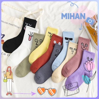 Vớ cotton cổ cao màu trắng/đen in họa tiết biểu cảm vui nhộn thoáng khí cho nữ\n