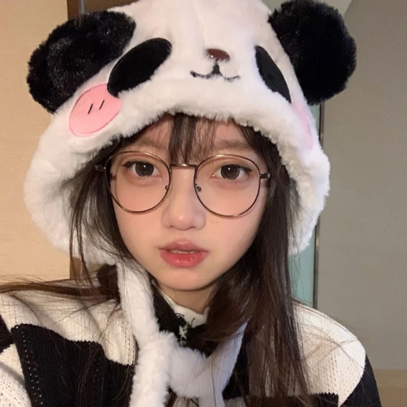 Mũ Trùm Đầu Giữ Ấm Mùa Đông Hình Gấu Trúc Hoạt Hình Nhồi Bông Màu Trắng Đen Phong