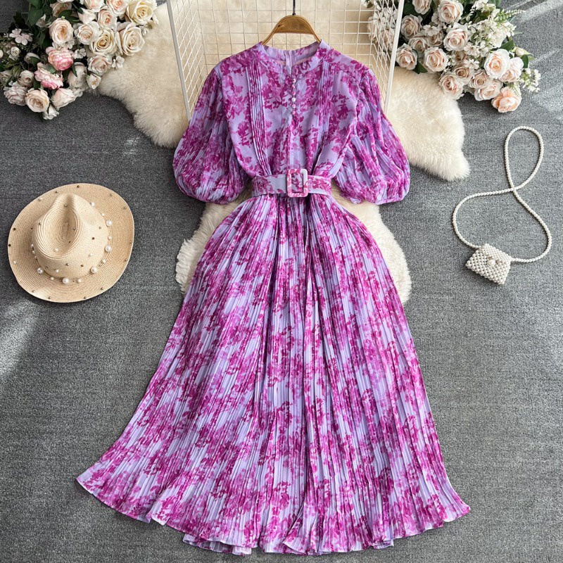 Đầm Chữ A Xếp Ly Tay Phồng Cổ Tròn Họa Tiết Hoa Thời Trang Mùa Hè Chất Lượng Cao Phong Cách Bohemian Dành Cho Nữ