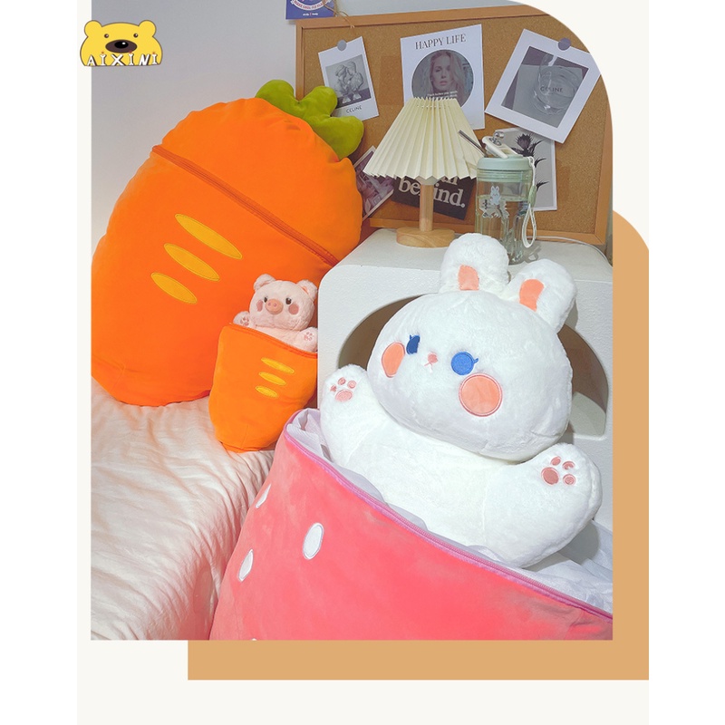 🔥Có Sẵn🔥2 Trong 1Thỏ dâu Gấu Bông con thỏ Cosplay 2 Màu - Bunny Bông Cao Cấp Gấu Bông Thú Nhồi Bông Hình Thỏ dâu Và Cà Rốt Sáng Tạo Cho Bé