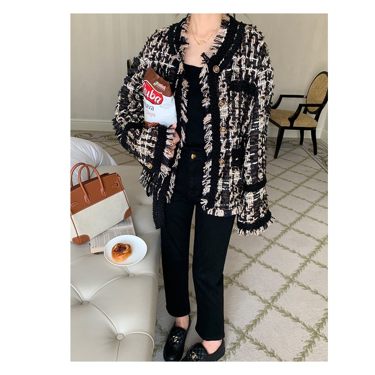 Áo Khoác Dáng Ngắn Phối Tua Rua Màu Vàng Đen Thời Trang Xuân Thu Cao Cấp Cho Nữ