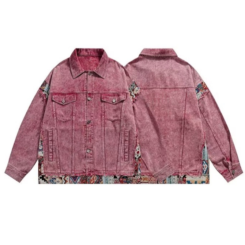 Áo khoác denim YOUTANG khâu họa tiết dáng rộng màu hồng thời trang retro