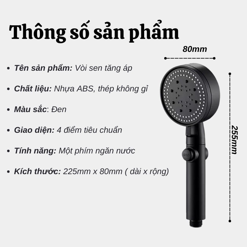 Bộ Vòi Sen, Vòi Hoa Sen Đầu Vòi Tăng Áp 5 Chế Độ Tiết Kiệm Nước Màu Đen Sang Trọng