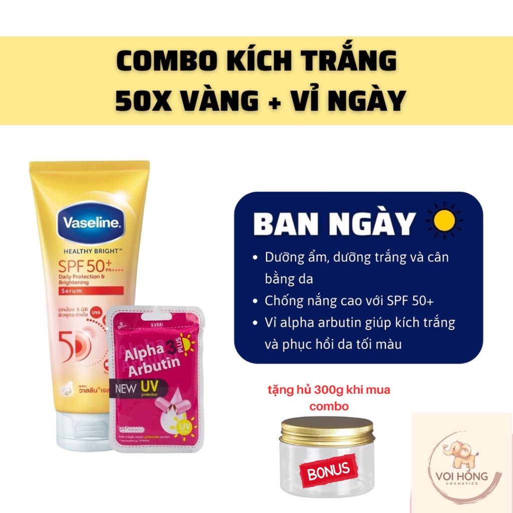 Combo Dưỡng thể Vaseline Gluta 10x - 50x + Viên Kích Trắng Alpha Arbutin 3 Plus Đêm Ngày